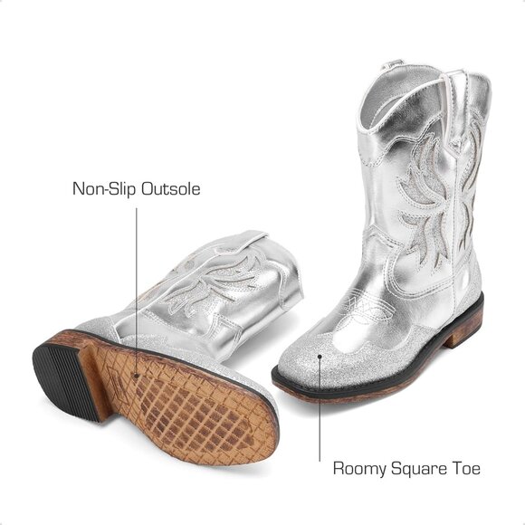 ⚡Girls Silver Square Toe Mid Calf Cowgirl Boots Western Fashion Riding Shoes - Picture 5 of 6